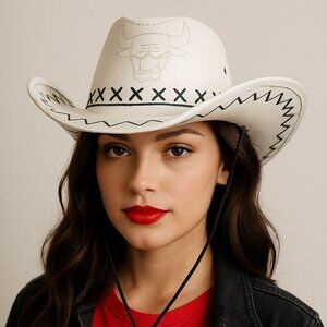 White Bull Cowboy Hat Black Stitch | Rodeo |‎ Chicago Fan Style